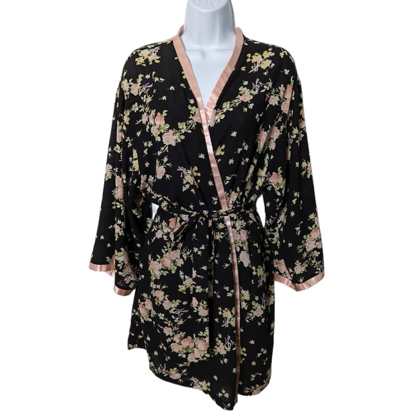 Vintage Oscar de la Renta Pink Label Black Floral Short Robe Size Large - Picture 1 of 10
